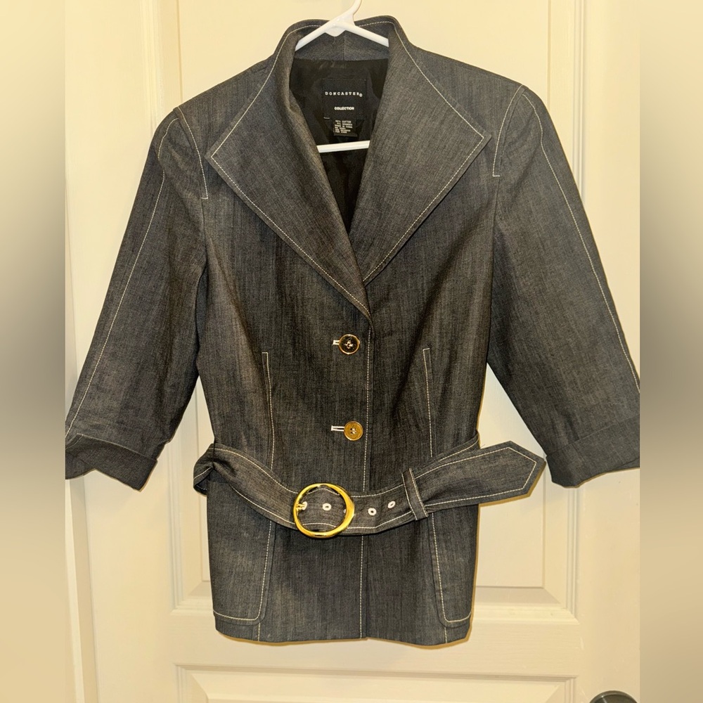 Suit jacket, light denim material gold buttons with belt.